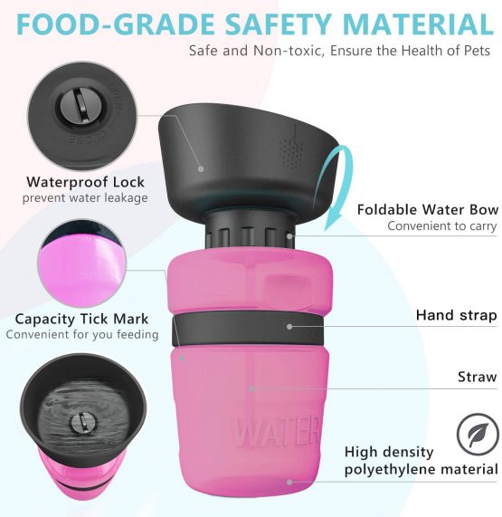 lesotc Dog Water Bottles, Dog Water Bottles Travel, Portable Dog Water Bottle, BPA Free (18oz-Pink) - Image 2