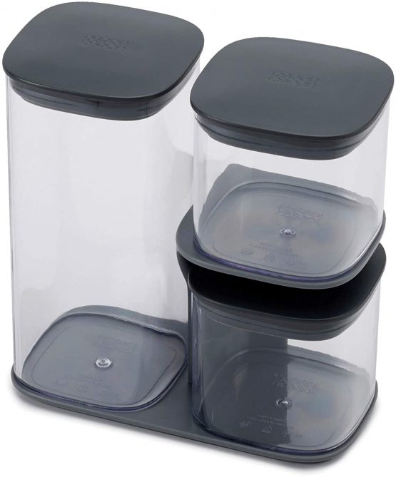 Joseph Joseph 81072 Podium 3-Piece Air Tight Kitchen Storage Jar Set with Stand, Grey- Set of 3