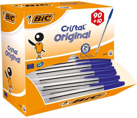 BIC Cristal Original Comfortable Ballpoint Pens - Value Pack of 100 - Blue Colour- Medium Point (1.0 mm)