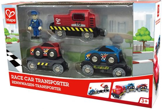 Hape E3735 Race Car Transporter Railway Engine - Wooden Train Track Accessories - Image 2