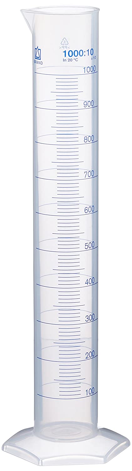 neoLab E-1616 Measuring Cylinder, Tall Shape, 1000 ml / 10 ml Polypropylene, Hexagonal Base, transparent (milchig)