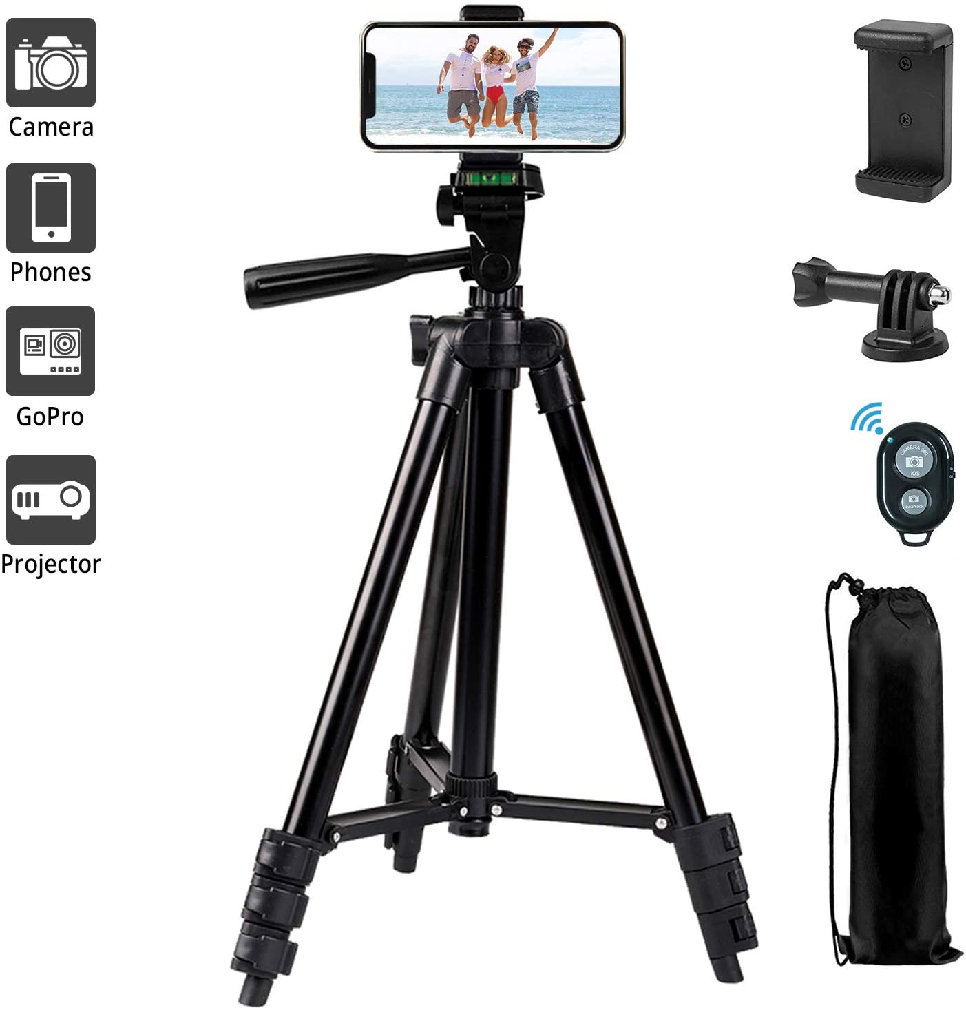 Phone Tripod,LINKCOOL 42" Aluminum Lightweight Portable Camera Tripod for Iphone/Samsung/Smartphone/Action Camera/DSLR Camera with Phone Holder & Wireless Bluetooth Control Remote (Black)
