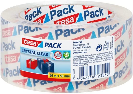 tesapack Crystal Clear Packing Tape for Packaging of Heavy Cartons and Parcels, 66 m x 50 mm