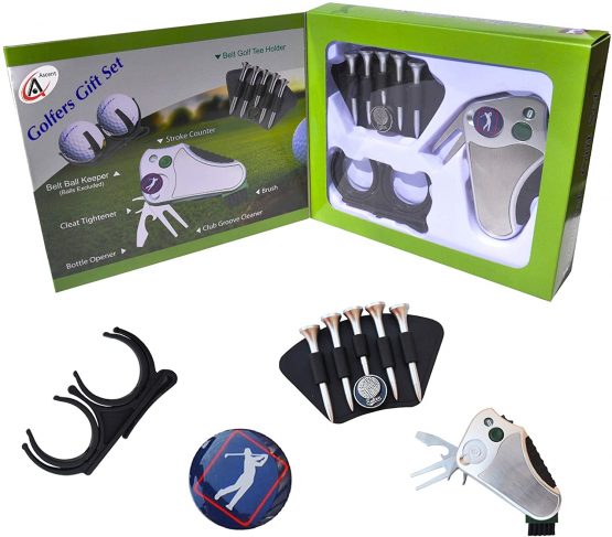 GOLFER’S BEST GOLF GIFT SET: Tool - Stroke Counter, Divot Tool Repair, Brush, Ball Marker, Cleat Tightener, Club Groove Cleaner + Belt Tee Holder + Tees + Belt Ball Holder - Gift Idea For Men Women