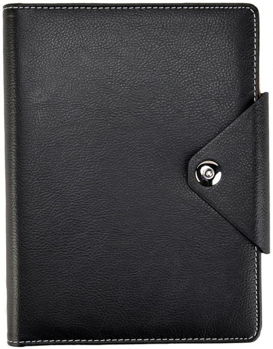 Arpan A5 Executive Personal Organiser Ruled Notebook Padded Leather Cover with Stud Button Closure (Black)