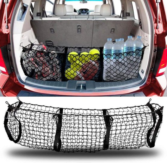 Techson Cargo Net with Hooks, Stretchable Elastic Nylon Storage Net, Heavy Duty Universal Rear Mesh Organizer for Truck Bed or Trunk (3 Pocket (47.2 x 11.8 inches)) - Image 2