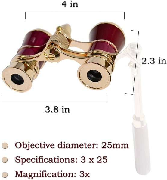 HQRP 3 x 25 Opera Glasses / Theatre Glass Binocular w/ Crystal Clear Optic (CCO) Burgundy with Gold Trim w/ Built-In Extendable Handle - Image 4
