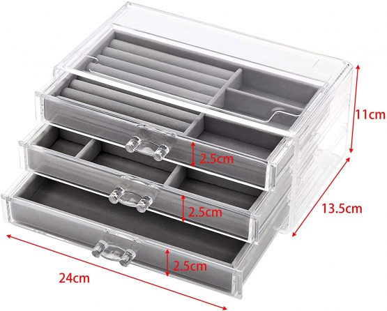 EXLECO Jewelry Box Jewelry Organizer for Women and Girl with 3 Drawers Storage Box for Jewelry Clear Acrylic Jewelry Display Case for Earring Bracelet Ring Necklace - Image 2