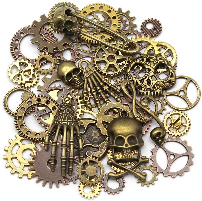 Mila-Amaz 80 Pcs Assorted Antique Steampunk Gears Metal Skeleton Pendant Charms Cogs for Jewelry Making Accessory - Bronze, Silver - Image 2