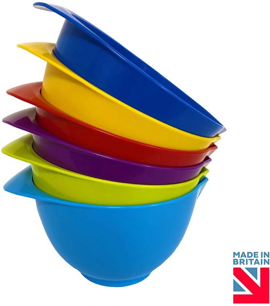 Mixing Bowl with spout and Handle | Set of 6 - Red, Blue, Purple, Green, Yellow, Light Blue | Beautifully Coloured Bowl Set | Compact, Stackable & Ergonomically Designed | Proudly Made in The UK