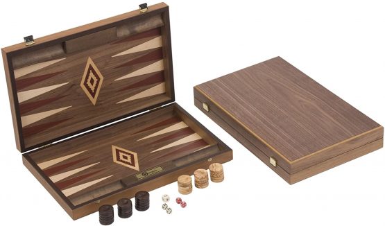 Red Uber Walnut Backgammon Set - Fantastic Quality Foldable Walnut Backgammon Boards measuring 48cm x 60cm x 4xm when open. Includes 30 coloured oak wood counters, 2 standard dice, a back gammon doubling die, and a bag for storage. - Image 2