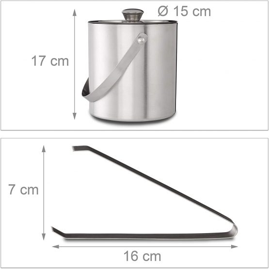 Relaxdays Round Bucket with Lid, Tongs, Ice Cube Container for Bars and Parties, 2 L, Wine Cooler, HxWxD: 17x15x15cm, Silver, Stainless Steel, 15 x 15 x 17 cm - Image 3