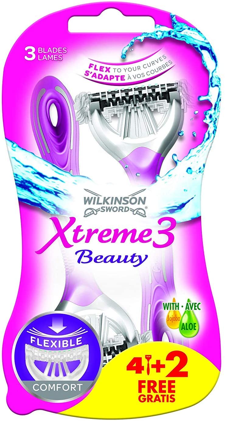 Wilkinson Sword Xtreme 3 Beauty Disposable Razor for Women 4 + 2 Free, Purple, 6 count (Pack of 1)
