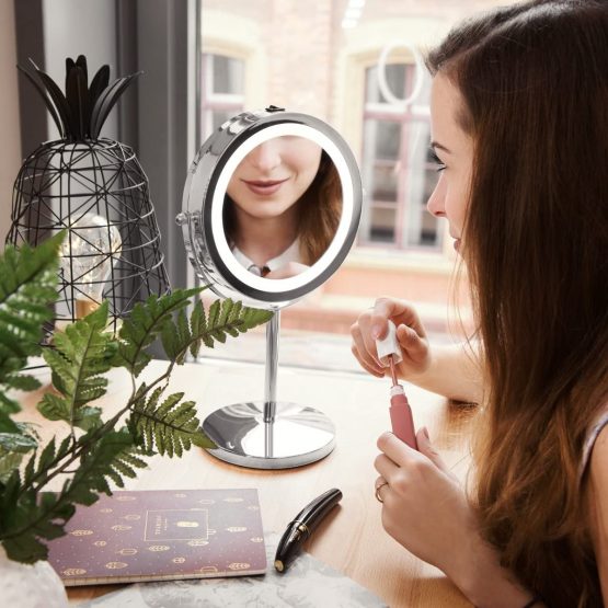 Navaris LED Illuminated Makeup Mirror - Two-Sided Vanity Mirror with Normal and 5x Magnification - 2-in-1 360° Swivel Cosmetics Mirror - Silver - Image 2