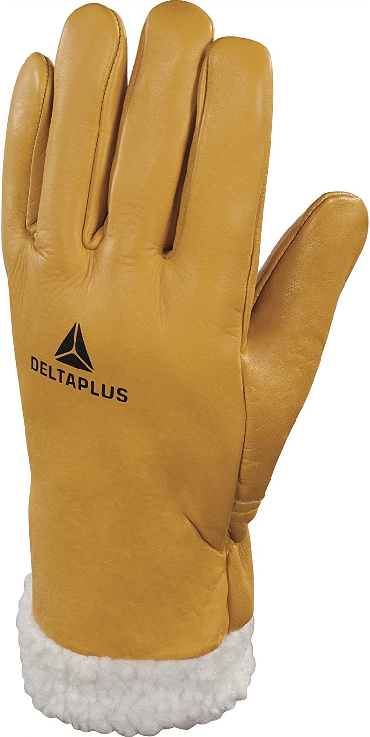 Delta plus Leather Gloves - Glove for Cold Cow Flower Yellow Lining Size 10, Black