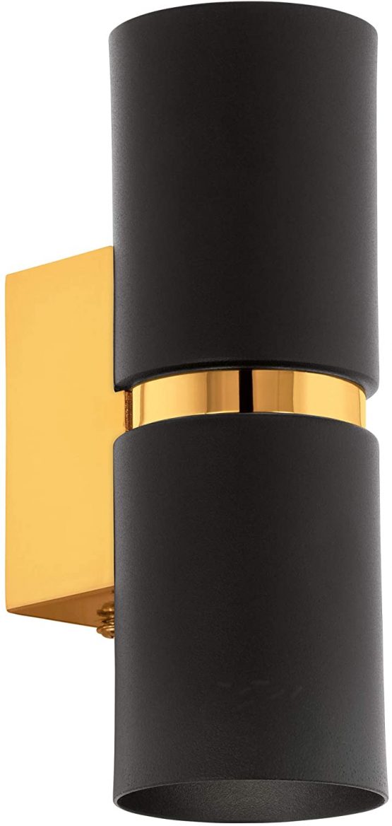 EGLO Passa LED Wall Light 2 Bulbs Wall Light Modern Interior Metal in Black and Gold Living Room Lamp Hallway Lamp with Up and Down Light, Round, GU10 Socket