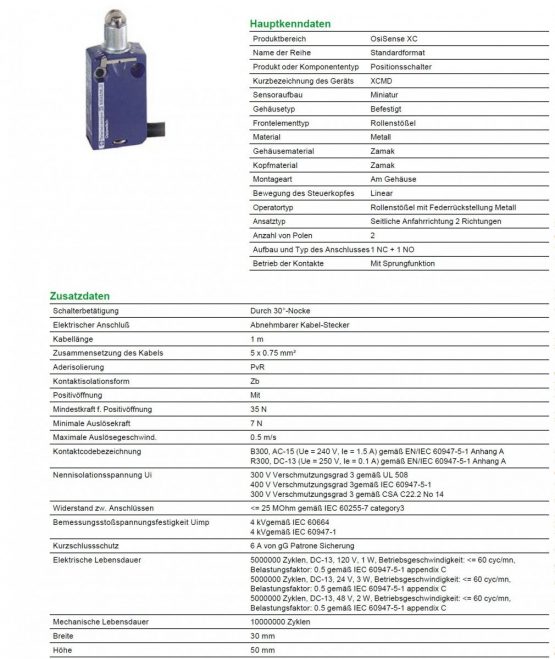 Telemecanique Sensor OsiSense XC Standard limit switch XCMD - steel roller plunger - 1NC+1NO - snap - 1 m, XCMD2102L1 - Image 2