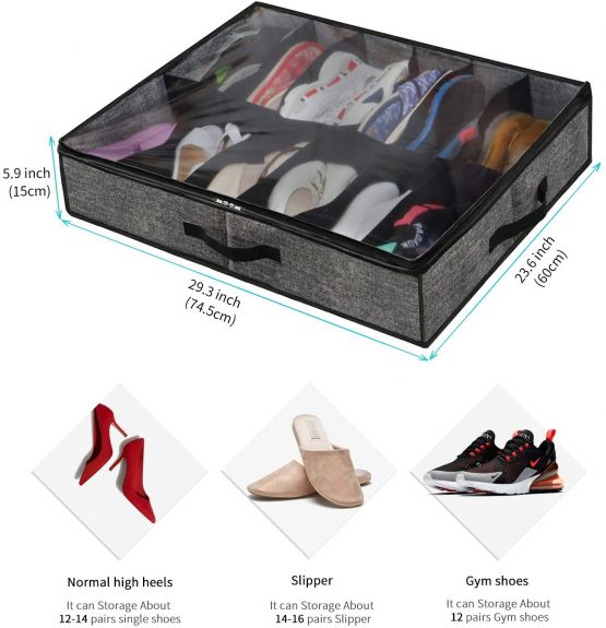 homyfort Large Heavy Duty Underbed Shoe Storage Bag with Clear Lid, Under Bed Shoes Tidy Organiser, Foldable Fabric Holder Closet, 12 Pockets x 2, 74.5 x 60 x 15 cm, Linen-like Black Pattern, XAUBSB2P - Image 2