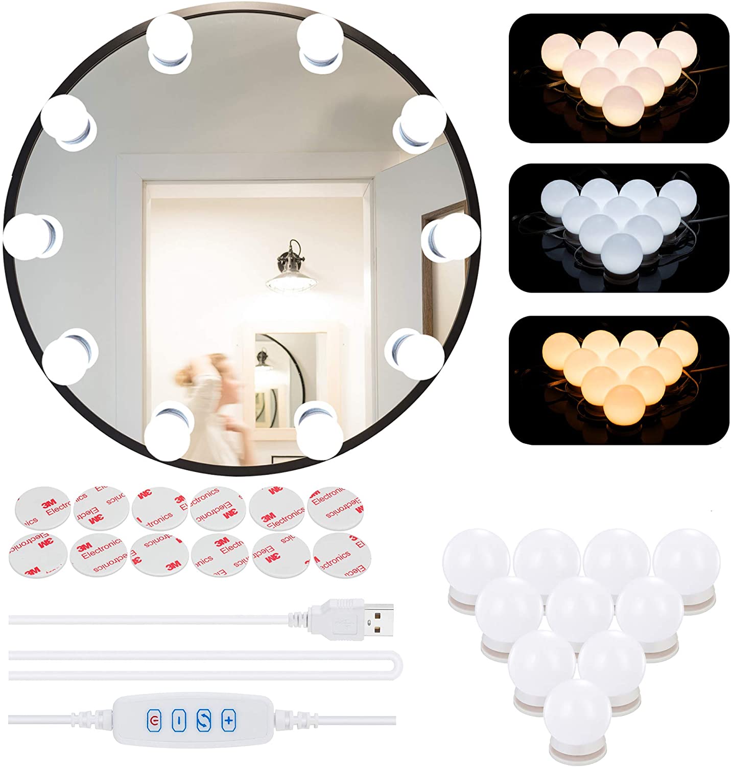 LED Vanity Lights for Mirror, Vanity Lights Stick on with 10 Dimmable  Bulbs, 3000K 4000K 6500K & 10 Level Brightness Adjustable, USB Cable,  Hollywood