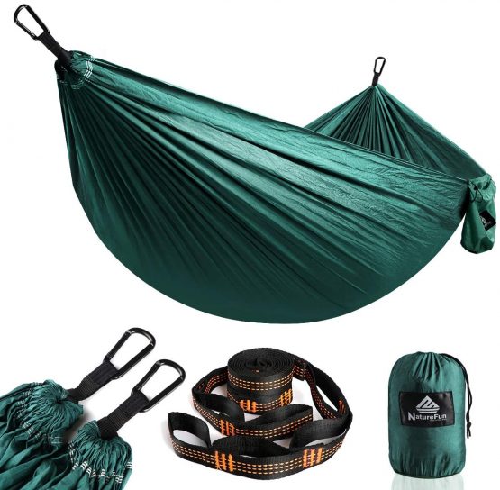 NATUREFUN Ultra-Light Travel Camping Hammock | 300kg Load Capacity,(275 x 140 cm) Breathable,Quick-drying Parachute Nylon | 2 x Premium Carabiners,2 x Nylon Slings Included | Outdoor Indoor Garden