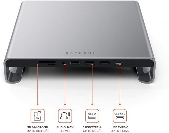 Satechi Type-C Aluminum Monitor Stand Hub with USB-C Data, USB 3.0, Micro/SD Card Slots & 3.5mm Headphone Jack - Compatible with 2020-2015 iMac, iMac Pro and more - Image 3