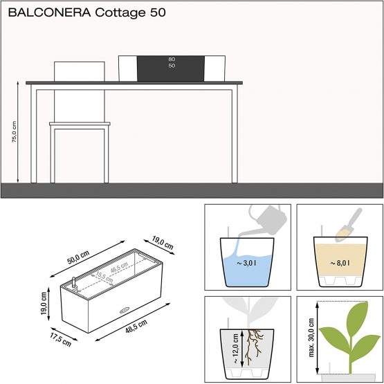 Lechuza BALCONERA Cottage 50 Self Watering Planter Indoor/Outdoor Flower Plant Pot Table and Window Box with Drainage Hole and Plant Substrate Poly-Resin H19 L50 W19 cm Granite - Image 2