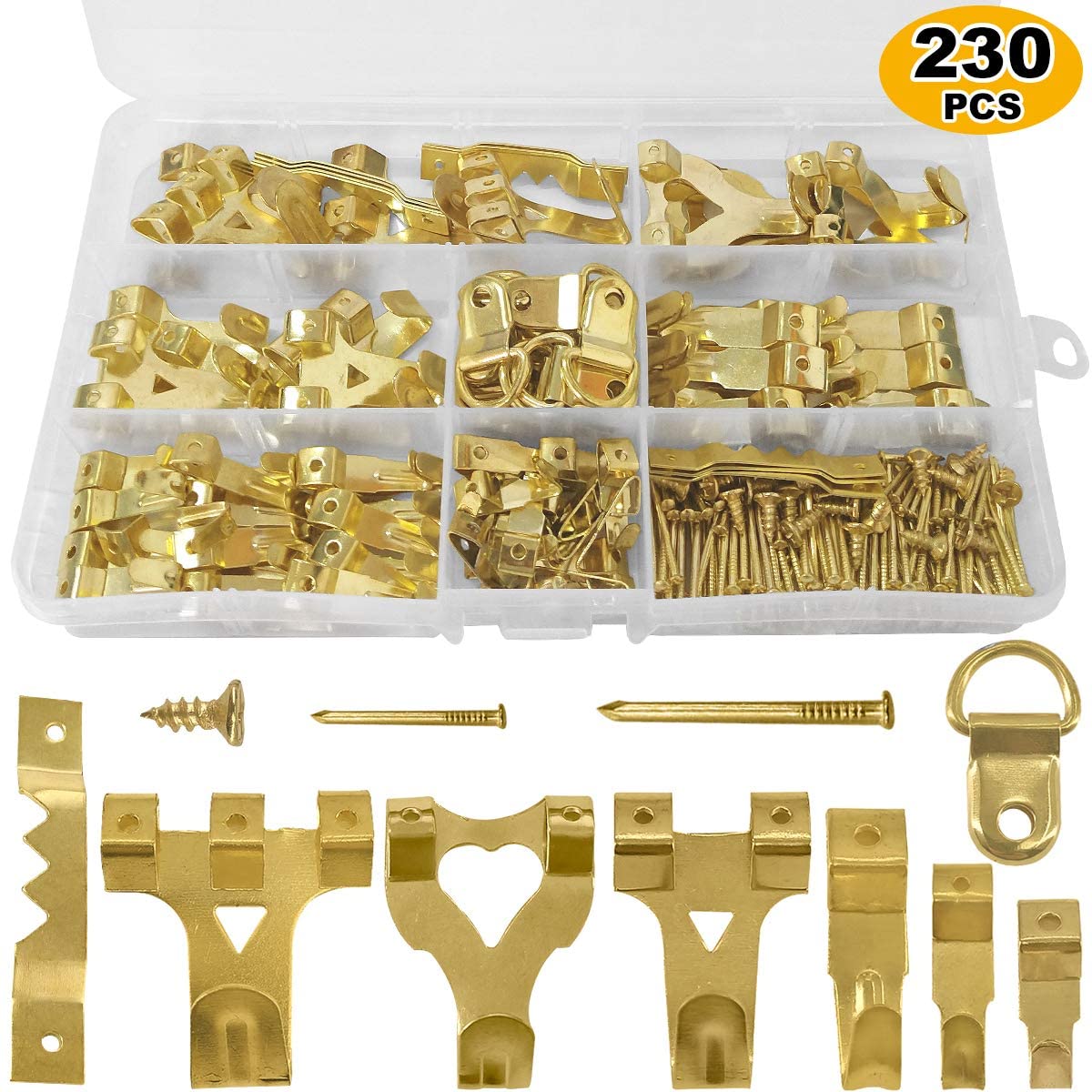 230 Pcs Picture Hooks Handy Box, Picture Hanging Kit for Picture Frame Fixing Assorted Picture Hanger Set including Nails