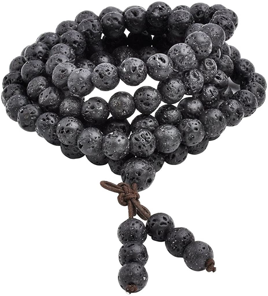 Jovivi 8mm Natural Lava Rock Stone Healing Gemstone 108 Buddhist Prayer Beads Tibetan Mala Bracelet Necklace