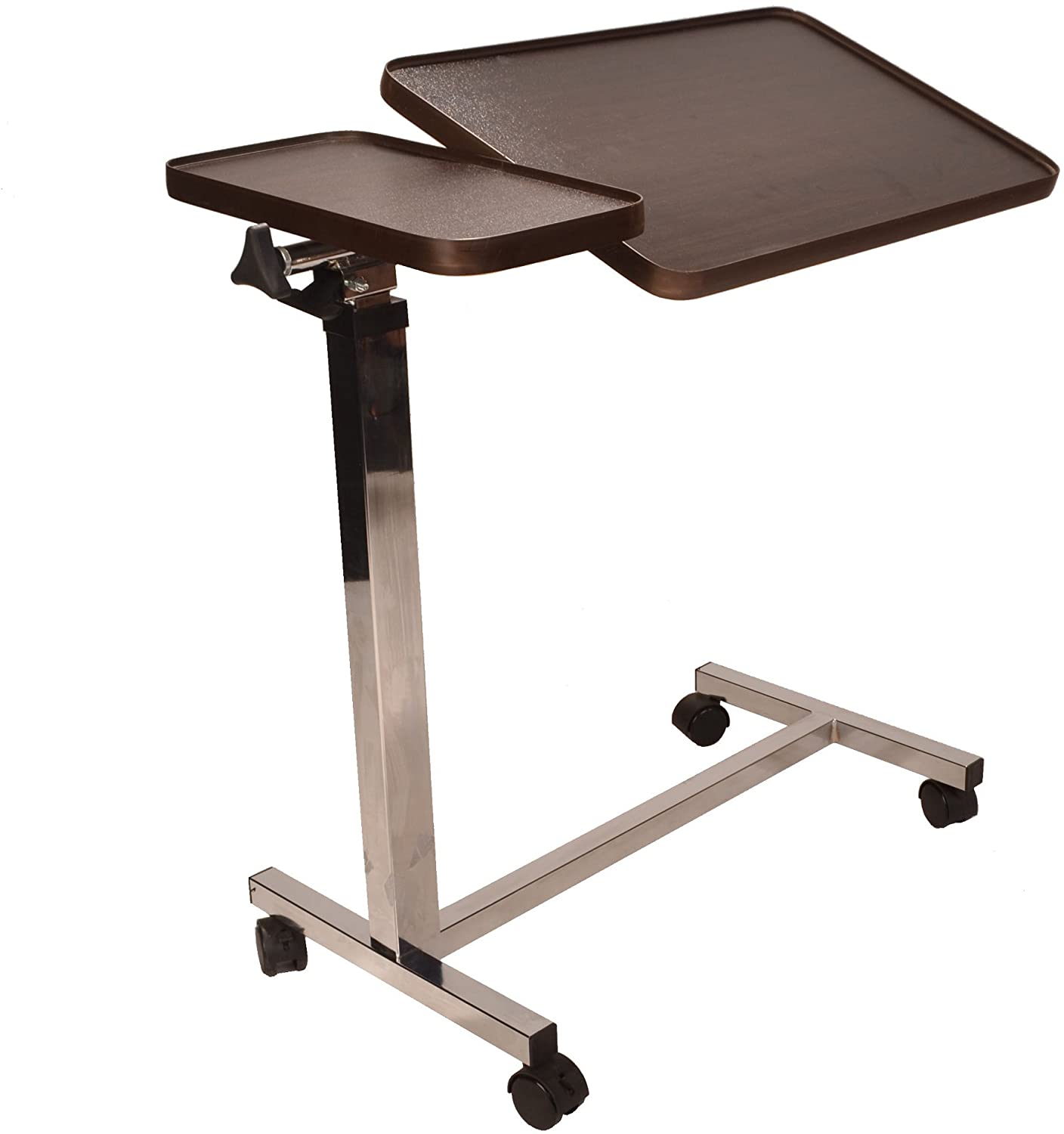 Elite Care Deluxe twin top over bed table adjustable height and angle, raises with just 1 finger ECOBT2, Brown, 38D x 81W x 117H cm