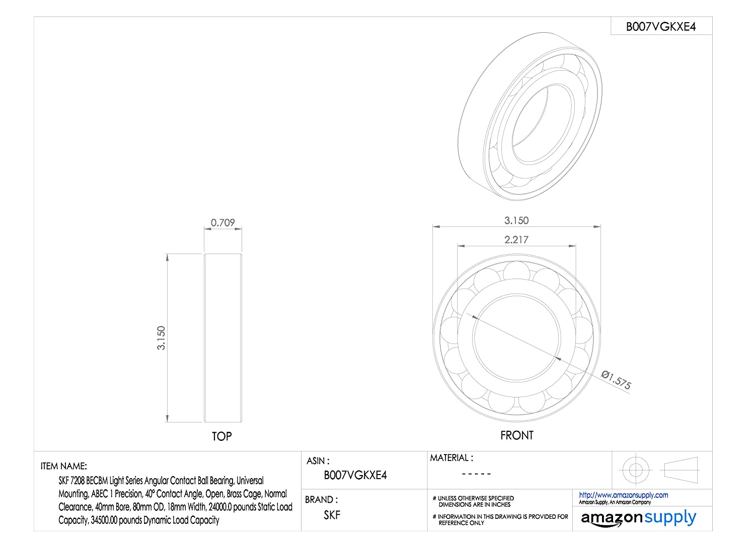 SKF 7208 BECBM Angular Contact Radial Ball Bearing, steel - Image 2