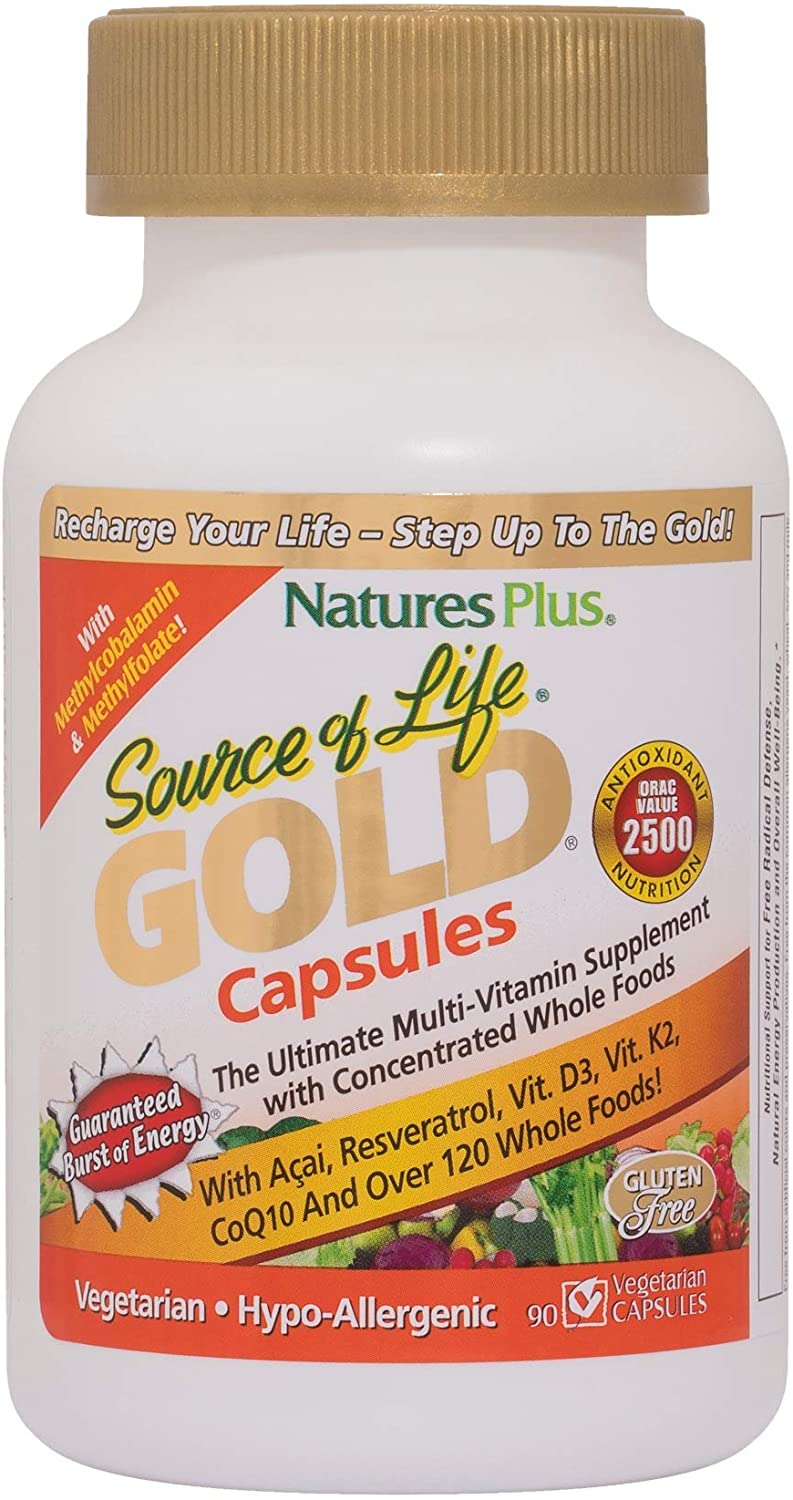 NaturesPlus Source of Life Gold Capsules, Whole Food Based Multivitamin for Men and Women Energy, Immune, Focus, Gluten Free