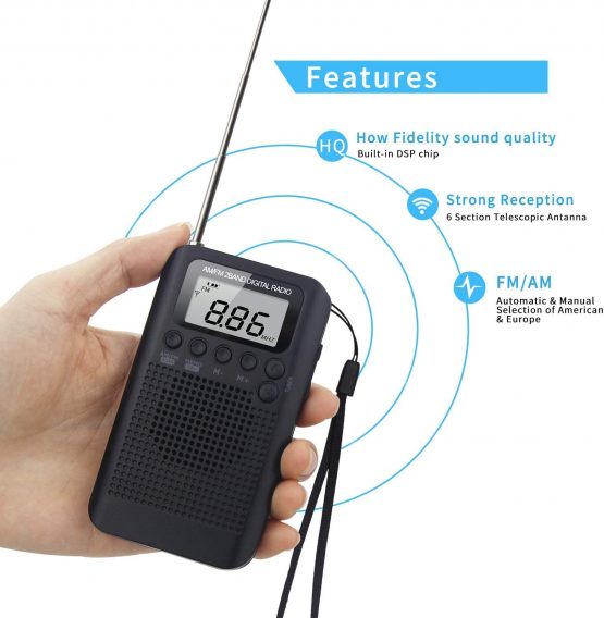 Songway AM/FM Pocket Digital Radio Alarm Clocks Sleep Timer Built-In Loudspeaker Portable Small Radio with Earphone for Outdoor, Running, Hiking, Travel (Black) - Image 2