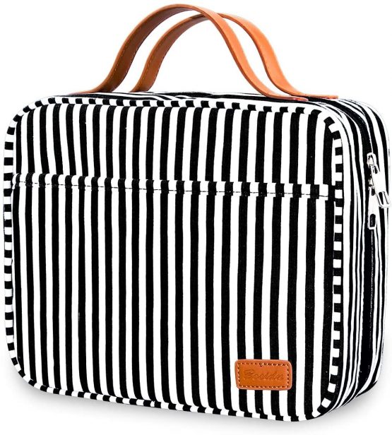 Hanging Travel Toiletry Bag, Large Capacity Wash Bag Waterproof Cosmetic Bag Makeup Organizer with 4 Compartments & 1 Sturdy Hook for Women/Men (Grey & White Striped)