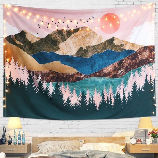 Dremisland Sunset Wall Tapestry Forest Tree Tapestry Mountain Wall Hanging Psychedelic Nature Landscape Tapestry Home Decoration for Bedroom Living Room (Colorful, L/148X200cm (58"X79")) - Image 3