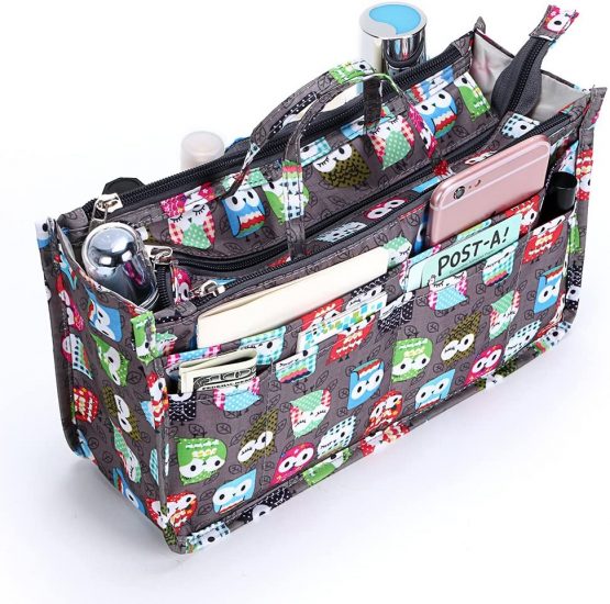IGNPION Printed Insert Handbag Purse Organiser 13 Pockets Expandable Liner Bag Pouch Zipper Closure Tote Organiser Diaper Bag Insert with Handle (29x 16x 9cm)(Owl)