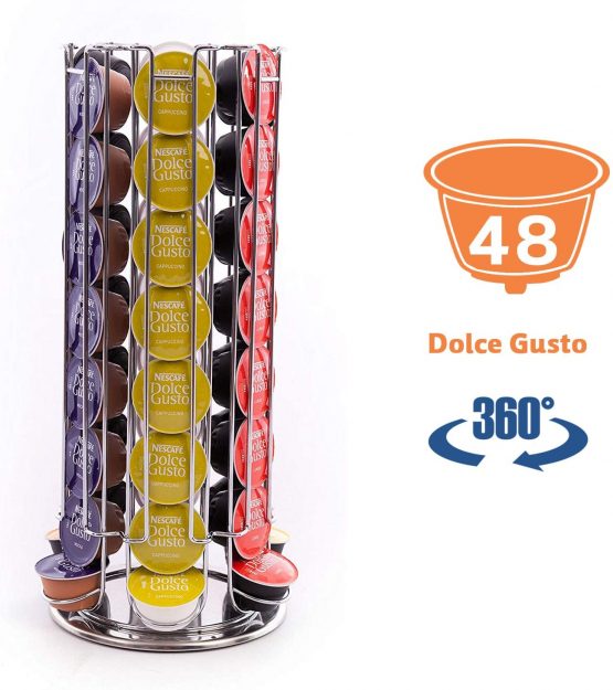 Peak Coffee Revolving Coffee Pod Holder Stand for 48 Dolce Gusto Pods | Coffee Capsule Storage, Organiser & Dispenser | Rotating Tower Wire Rack | Modern Chrome Finish