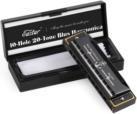 Eastar Major Blues Diatonic Harmonica 10 Holes C Key Beginners Harmonica for Kids Students Adults with Hard Case and Cleaning Cloth, Black