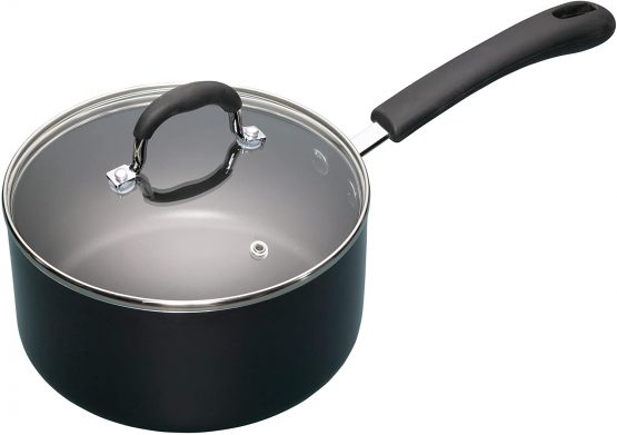 MasterClass KCMCSAUPAN20 Aluminium Non-Stick Enamel Saucepan With Lid, 20 cm (8"), Black