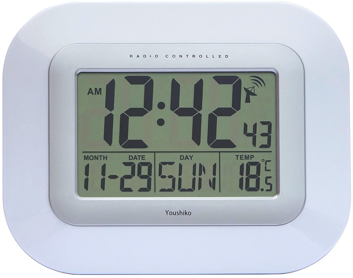 Youshiko Radio Controlled LCD Wall Mountable and Desk Clock (UK & Ireland Version) Jumbo LCD, White, 23cm (W) x 3cm (H) x 18cm (D)