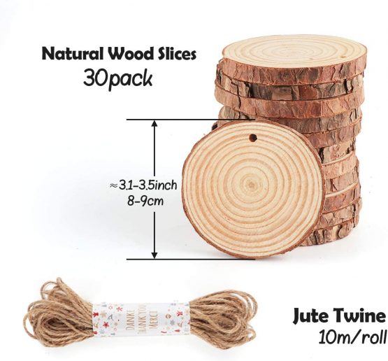 ilauke 30 Pcs Natural Wood Slices 8-9cm with Drilled Hole, Unfinished Log Wooden Circles with Natural Jute Twine for DIY Crafts Wedding Decorations Christmas Ornaments - Image 2