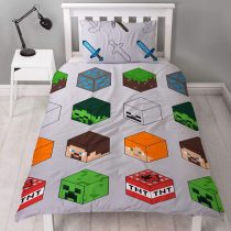Minecraft Pixel Single Duvet Cover Officially Licensed Reversible Two Sided Creeper & TNT Design with Matching Pillowcase, Polyester, Green