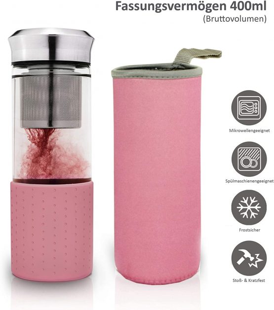 Creano"Teamaker" - Tea Bottle to go from Glass with Strainer for Loose Tea - 400ml (Pink) - Image 3
