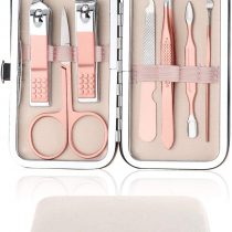 Nail Clipper Manicure Set, 7 In 1 Stainless Steel Professional Pedicure Kit Nail Scissors Grooming Kit with Black PU Leather Case for Travel & Home Use (Pink Leather)