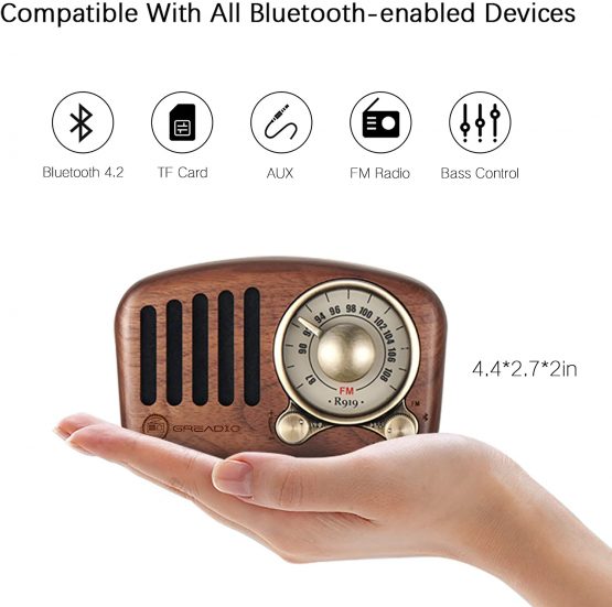 Vintage Radio Retro Bluetooth Speaker Greadio Walnut Wooden FM Radio with Old Fashioned Style,Strong Bass,Loud Volume,Bluetooth 4.2, TF Card&AUX - Image 2