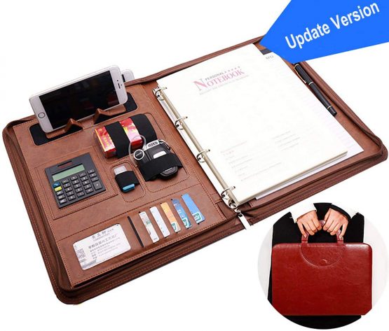A4 Zipper Leather New Version Conference Folder Business Document Bag Portfolio with Ring Binder，A4 Writing Pad ，Card Holders，Calculator and Notebook Business Document File Folder - Image 2