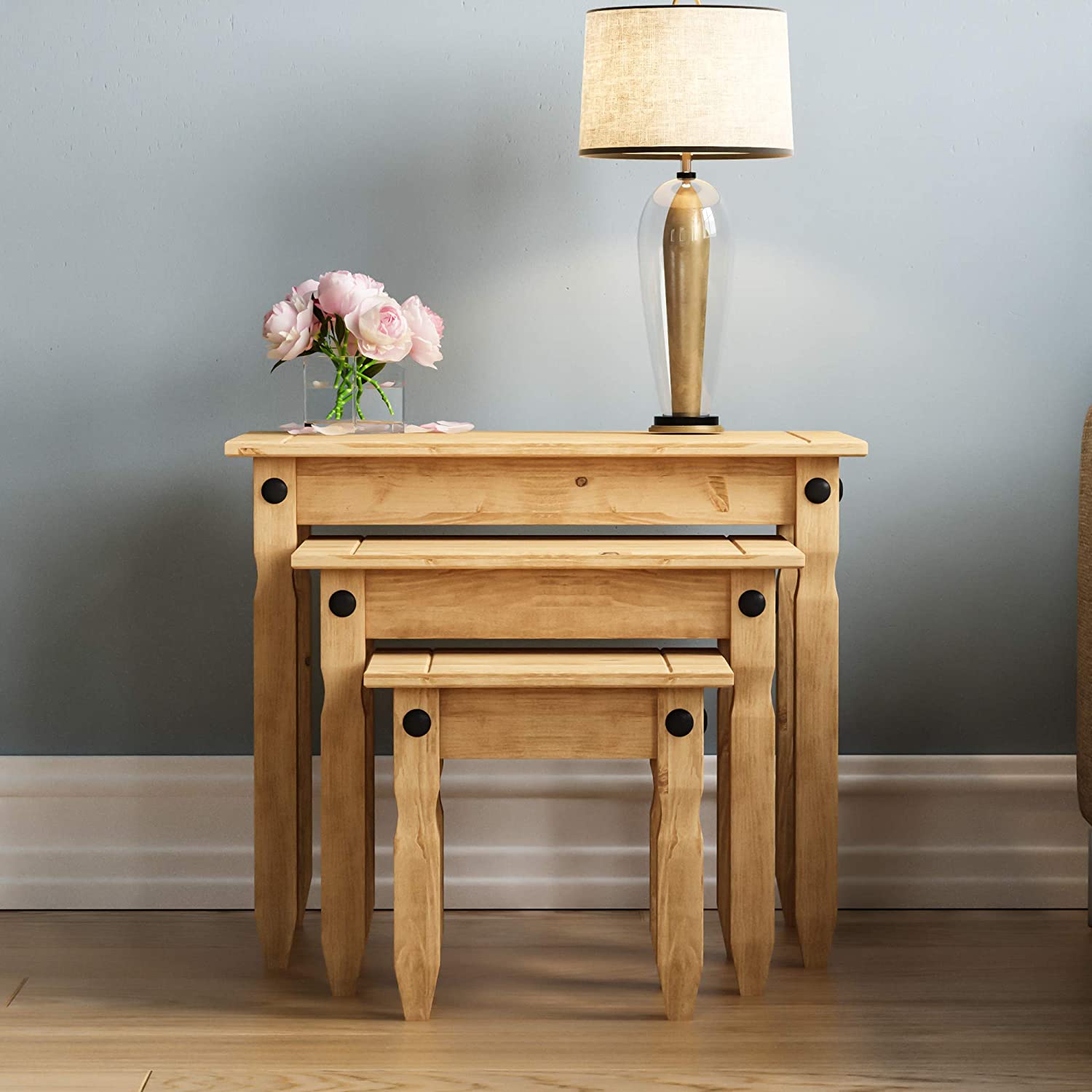 Vida Designs Nest Of Tables, End Table, Rectangular, Waxed Solid Pine Wood, Traditional, Rustic, 28.5 x 60 x 50 - Image 2