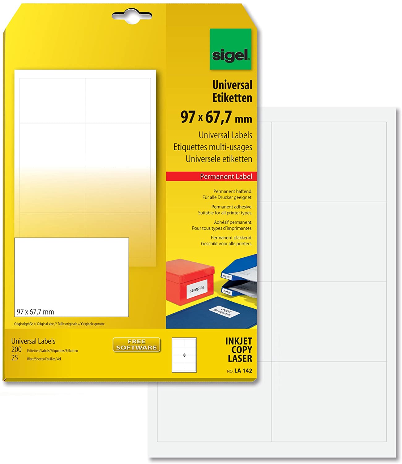 SIGEL LA142 Universal Permanent Labels, White, 9.7 x 6.77 cm, 200 lbl equal to 25 sheets, White, 97 x 67.70 mm