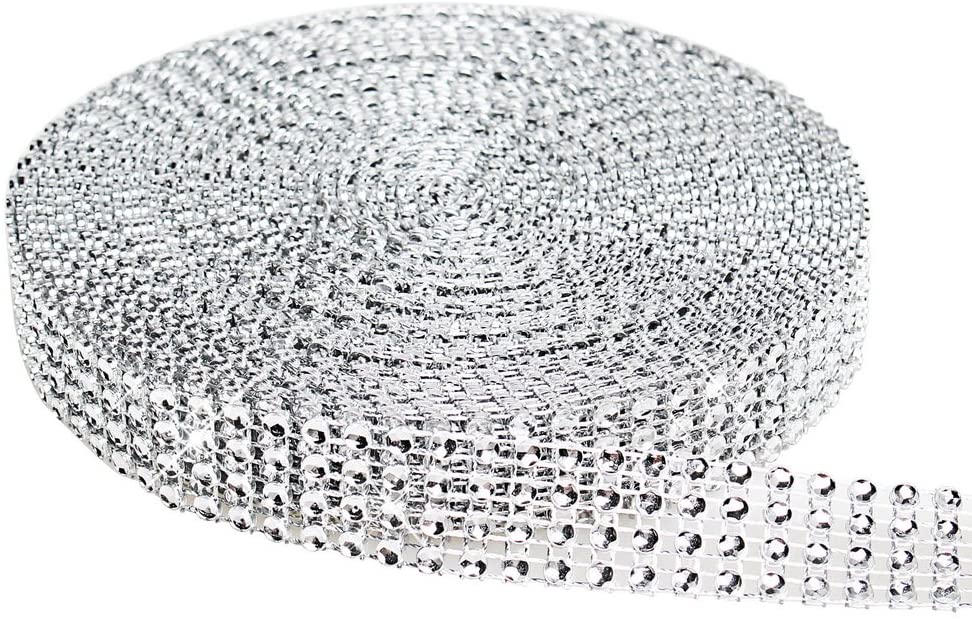 Wowot Silver Rhinestone Ribbon with 4 Rows for Wedding Birthday Craft Projects Decoration, 9 metres, metallic silver