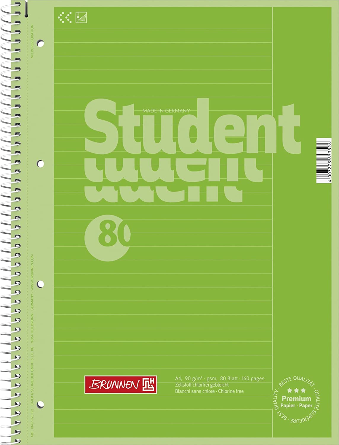 Brunnen Colour Code College Notepad, Spiral Bound, 4 Compartment, Supplied 25 A4 90 g/m², kiwi