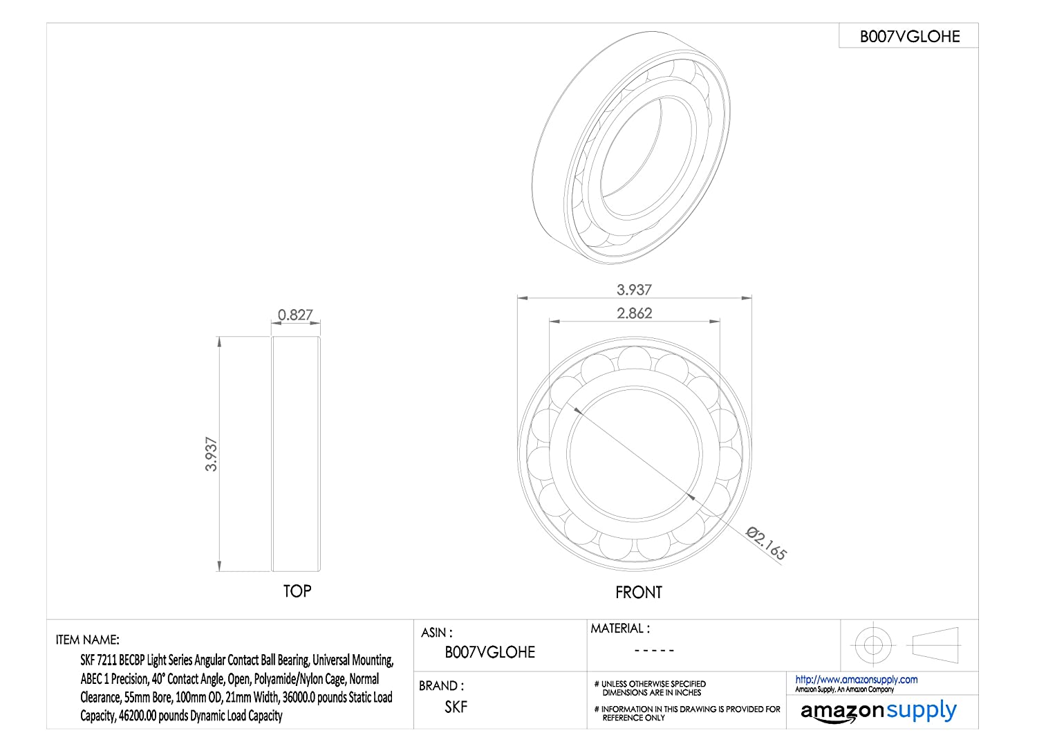 SKF 7211 BECBP Angular Contact Radial Ball Bearing, steel - Image 2